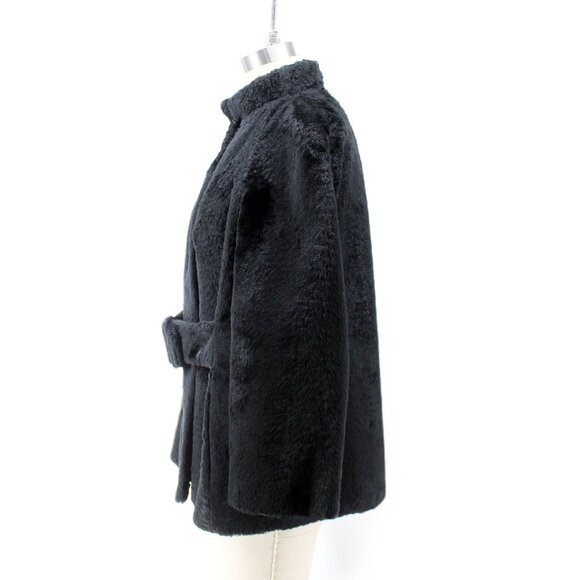 VTG 50s 60s Faux Fur Jacket Black Belted Satin Lined Stand Collar Swing Coat M - Picture 4 of 16